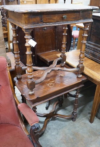 A pair of 18th century style French provincial pine side tables with X shaped stretchers, width 74cm, depth 45cm, height 72cm